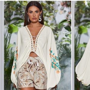 SHEIN Embroidery Lace-Up Bishop Sleeve Blouse